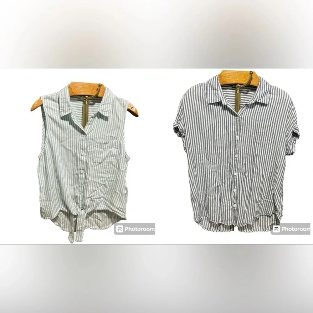 BEACH LUNCH LOUNGE ~ Bundle of Two Large Striped Rayon Lyocell Tops Green Blue